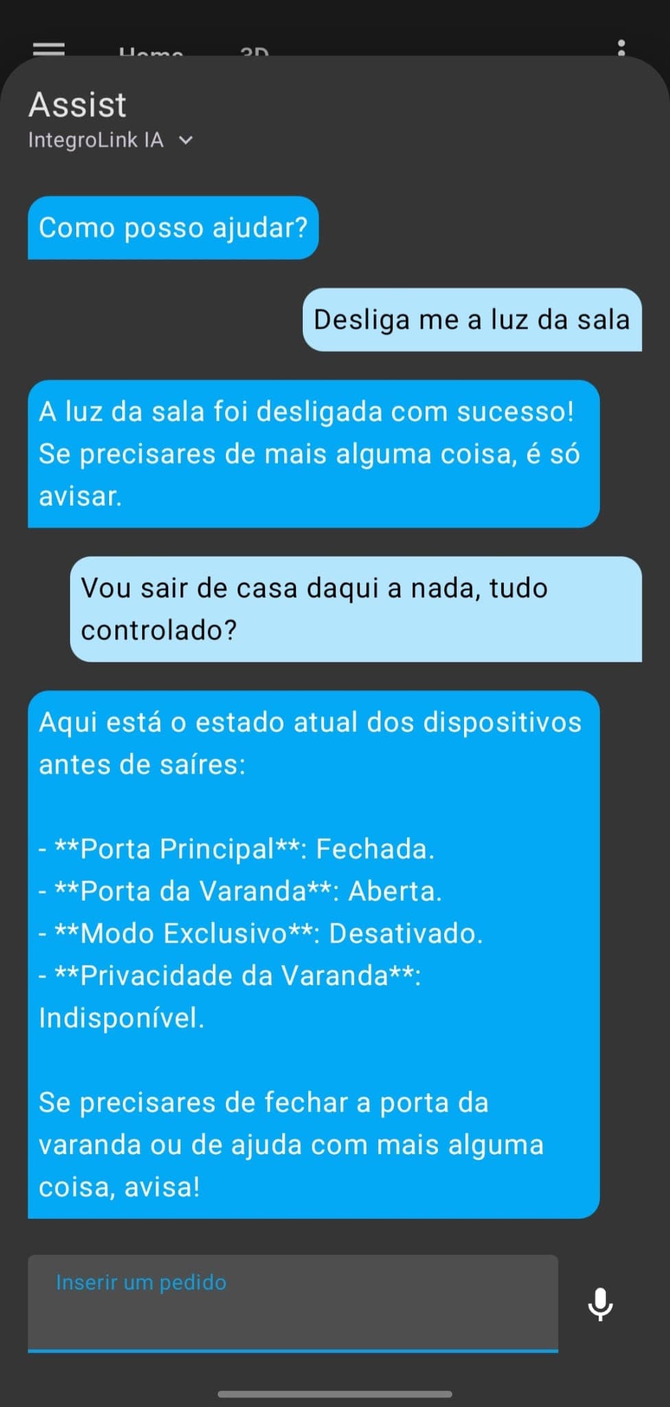 Assistente de IA IntegroLink a executar um pedido e consultar o estado da habitação